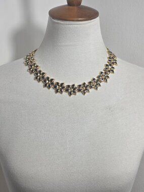 Vintage-Style Floral Collar Necklace Gold Tone & Blue Stylized Flowers